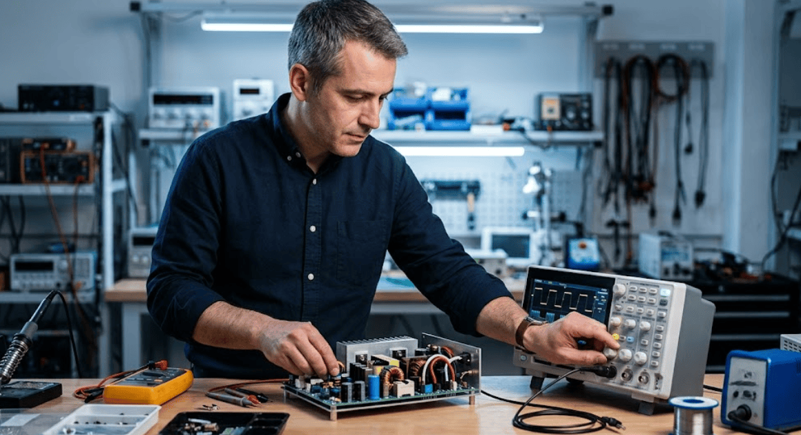 Engineer testing a power converter with an oscilloscope on a lab bench