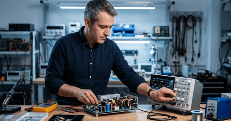 Ein Ingenieur Tests Stromrichter mit einem Oszilloskop auf einem Labortisch