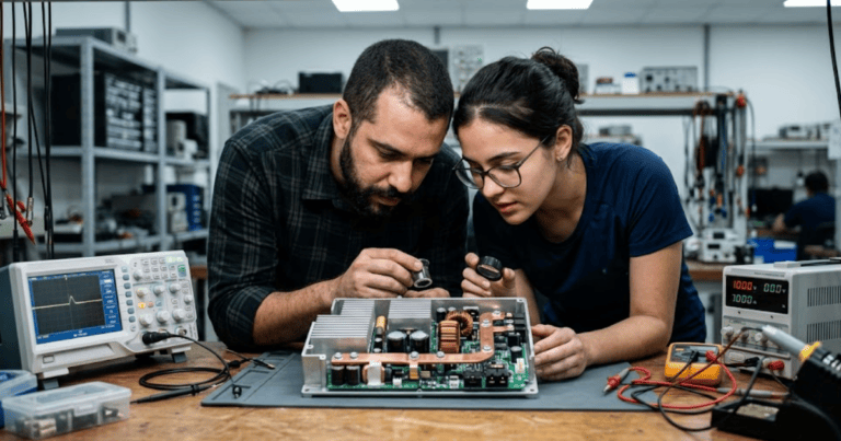 Zwei Ingenieure, die eine Stromrichterplatine unter Lupen untersuchen