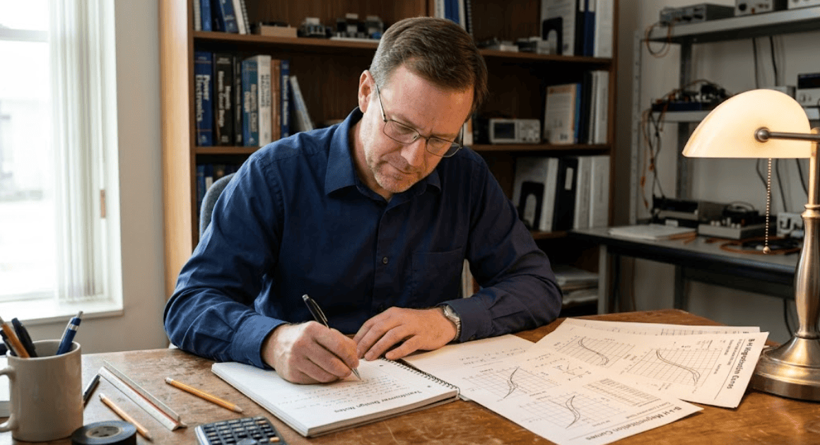 Engineer studying transformer magnetization curves at a desk